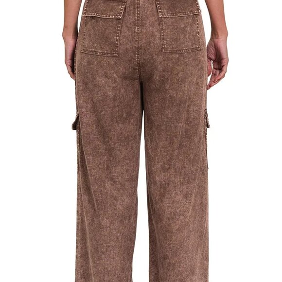 Zenana Washed Linen Elastic Band Waist Cargo‎ Pants - Picture 3 of 3